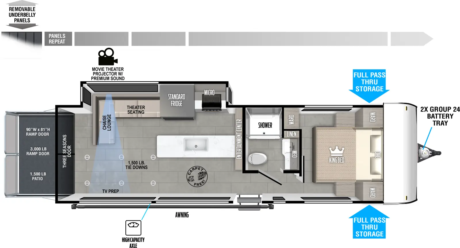 The Wildwood FSX 28VC is a toy hauler that has one entry and one slide out. Exterior features include: metal or fiberglass exterior. Interiors features include: front bedroom.